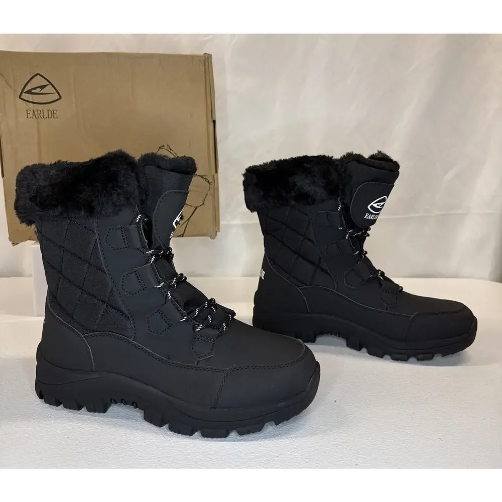 Earlde Women’s Snow Boot Waterproof Black Lace Up Size 8